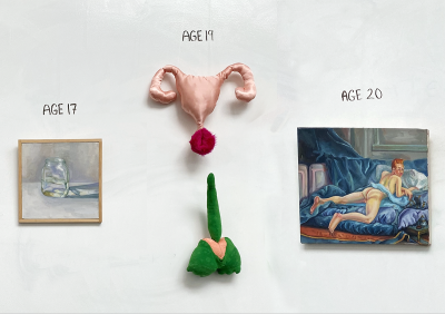 Age 17: Still Life (Oil on canvas) Age19: Sex Toys (Soft sculptures) Age 20: Male Nude (Oil on canvas)