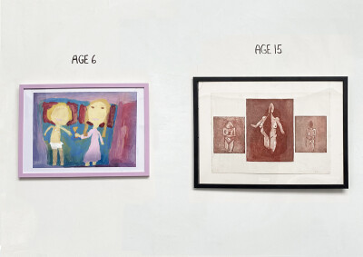 Age 6: Psyche and Cupid (poster paint on sugar paper) Age 15: Trapped, Torn and Empty (Etchings)